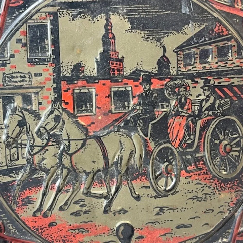 VTG Fruit Cake Metal Tin Embossed Cover/Couple in Horse Carriage Round